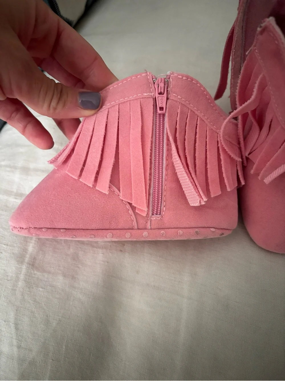 Kids Pink Fringe Zipper Booties